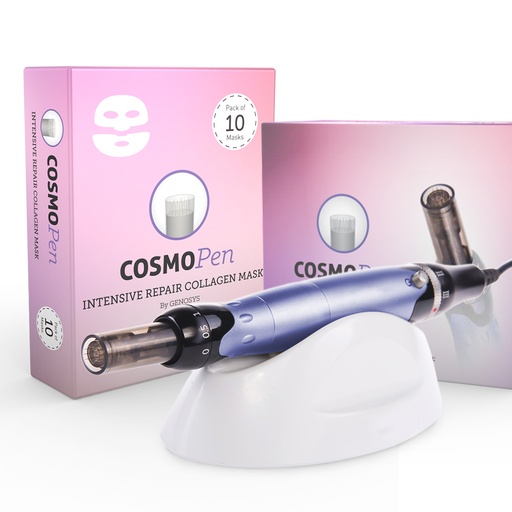 CosmoPen in front of collagen masks and microneedling tips boxes