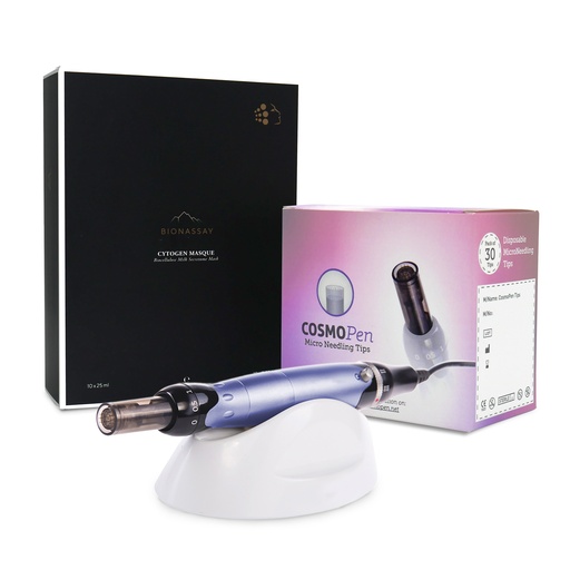 CosmoPen in front of collagen masks and microneedling tips boxes