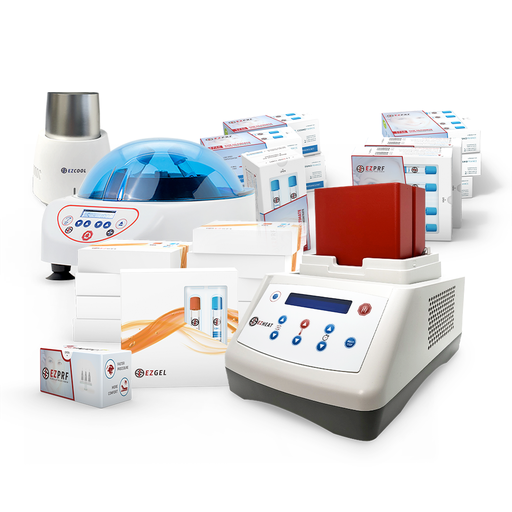 ezGEL system including the ezMINISPIN centrifuge, ez2K and ez4k kits, the ezCOOL device, the ezHEAT device, ezGel kits, and ezINJECT 30G boxes