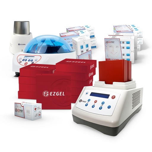 ezGEL system including the ezMINISPIN centrifuge, ez2K and ez4k kits, the ezCOOL device, the ezHEAT device, ezGel kits, and ezINJECT 30G boxes