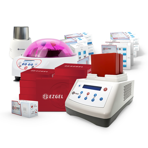 ezGEL system including the ezMINISPIN centrifuge, ez2K and ez4k kits, the ezCOOL device, the ezHEAT device, ezGel kits, and ezINJECT 30G boxes